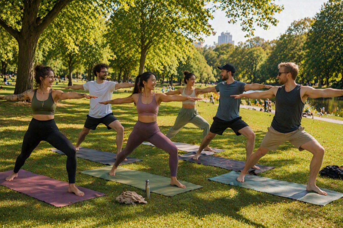 Gruppe macht gemeinsam Yoga im Freien